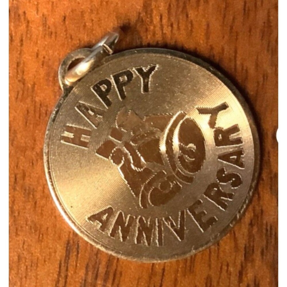 Happy Anniversary Charm 12 KT Gold Filled Bells Signed 3/4"